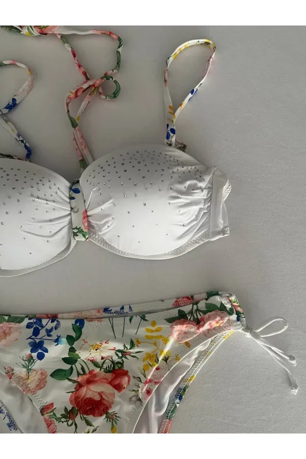 Ensemble bikini doublé brodé de pierres blanches pour femme HZL25S-LC208