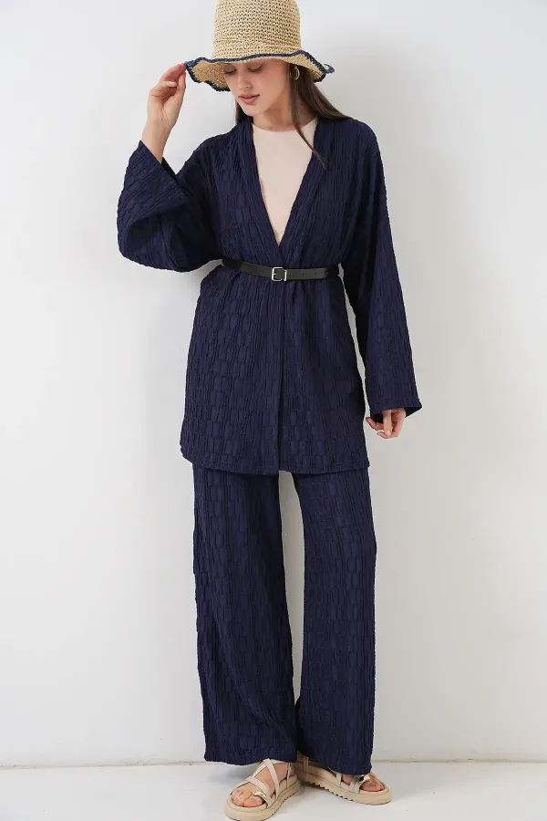 Women's Kimono Pants Two-Piece Set 30078 - Navy Blue