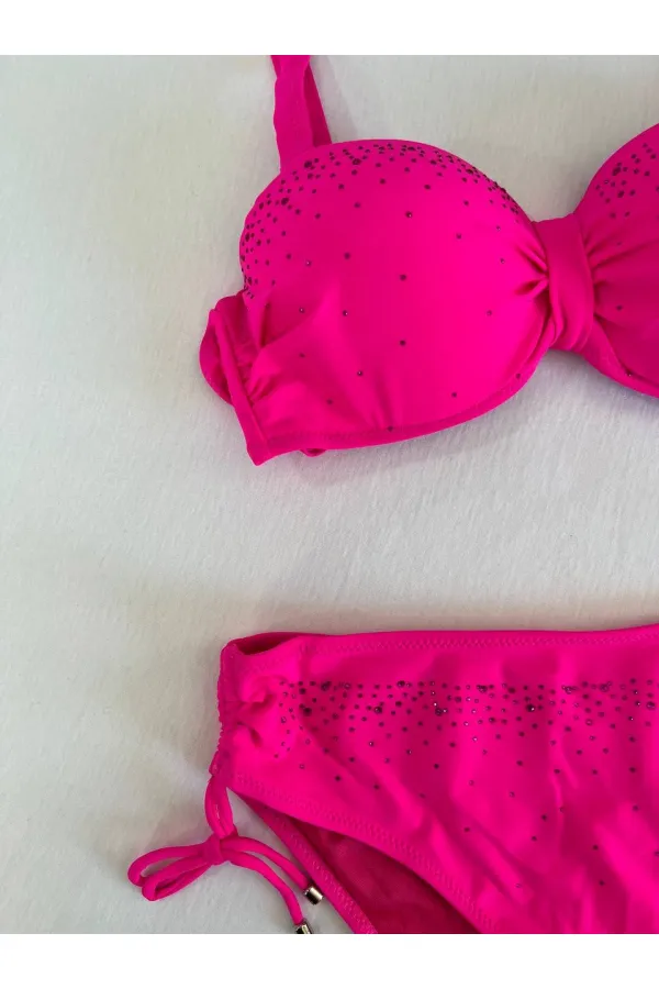 Women's Fuchsia Stone Embroidered Lined Bikini Set HZL25S-LC3361