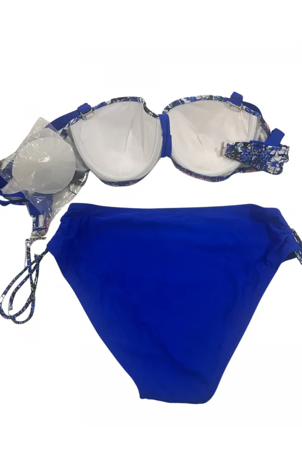 Kadın Mavi Çiçek Desenli Büyük Beden Astarlı Lacivert Bikini Takım HZL25S-LC3301