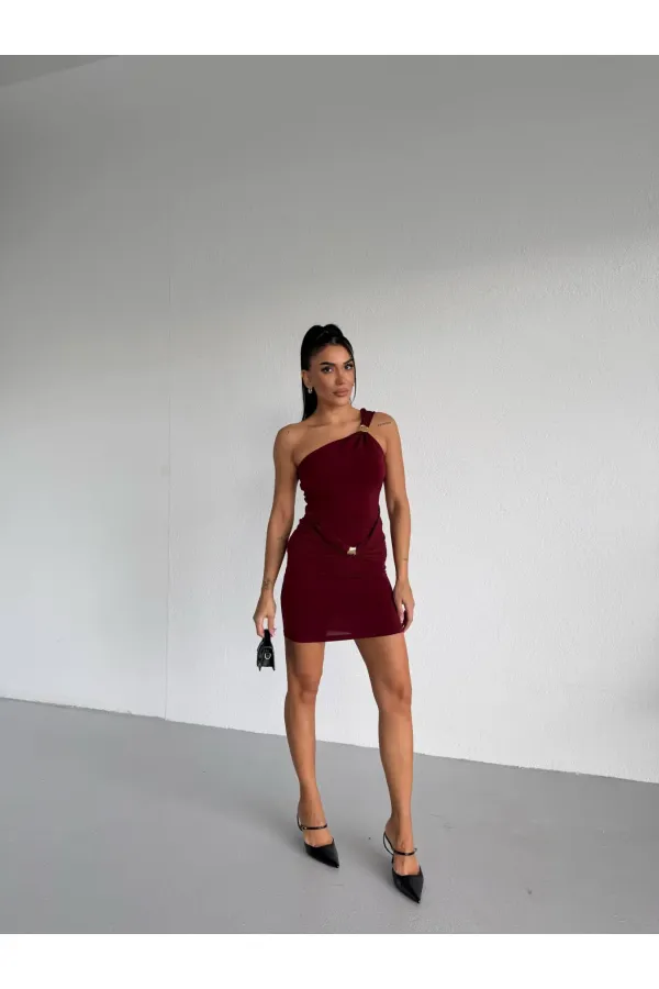 Women's Burgundy One-Shoulder Sandy Mini Dress with Gold Accessories HZL26W-FRY123781