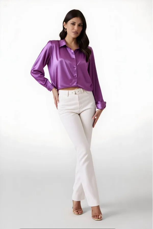 Kadın Lila Hafif Dökümlü Saten Yüzeyli Gömlek Hzl22w-bd139641