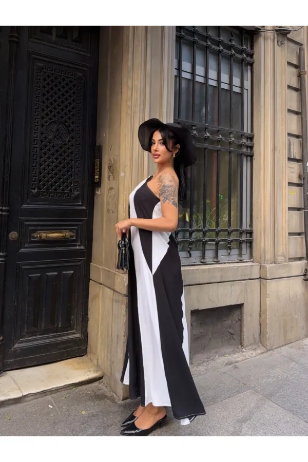 Kadın Siyah Beyaz Parça Bloklu Omuz Detay Elbise HZL25S-DSB107651