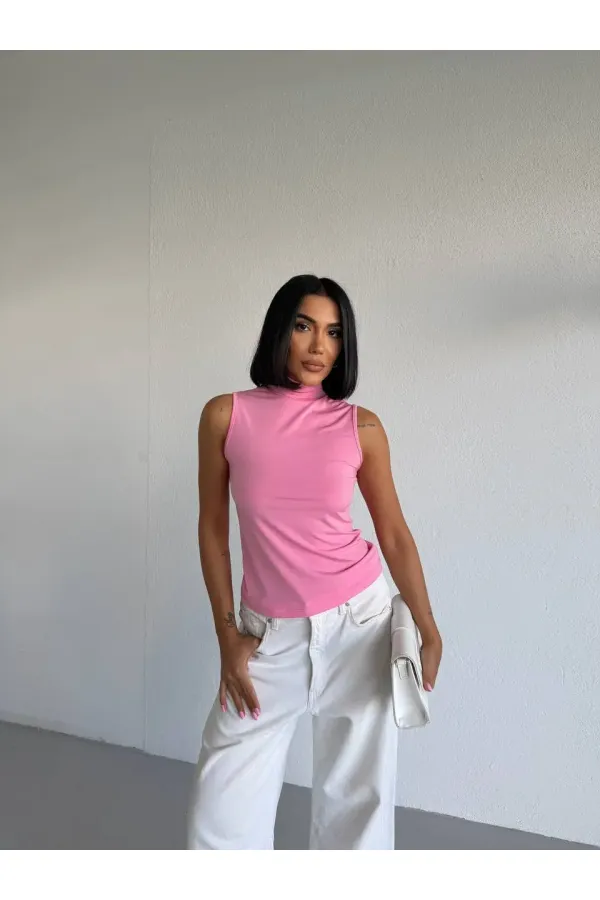 Women's Pink Turtleneck Sleeveless Sandy Crop Blouse HZL26S-FRY123931