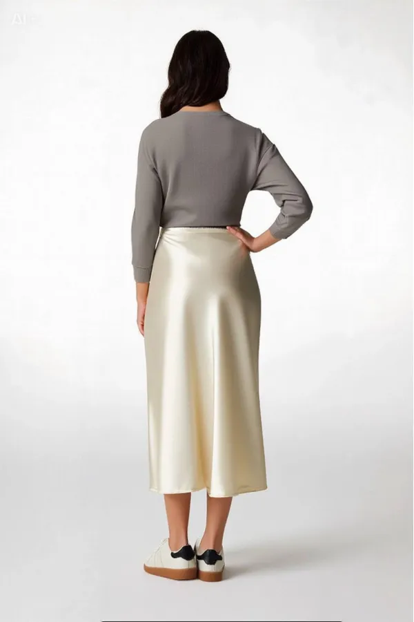 Kadın Vanilya Saten Yüzeyli Beli Lastikli Midi Boy Etek Hzl23s-bd1101471
