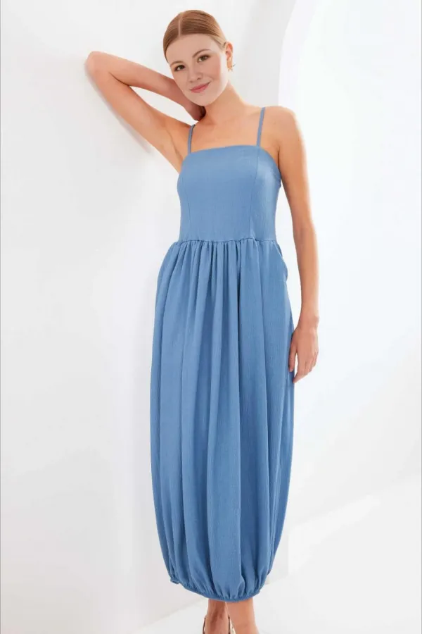 Kadın Mavi Ayarlanabilir Askılı Paçası Lastikli Slopet Elbise HZL24S-BD124921