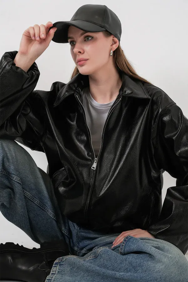 Veste oversize en similicuir pour femme 1049 - Noire