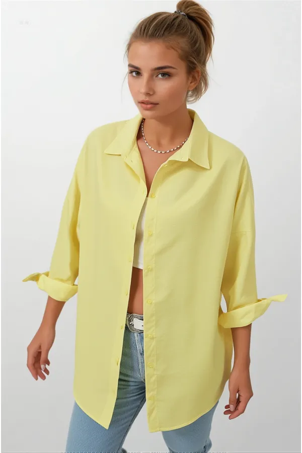 Kadın Sarı Oversize Uzun Basic Gömlek Hzl22w-bd139001