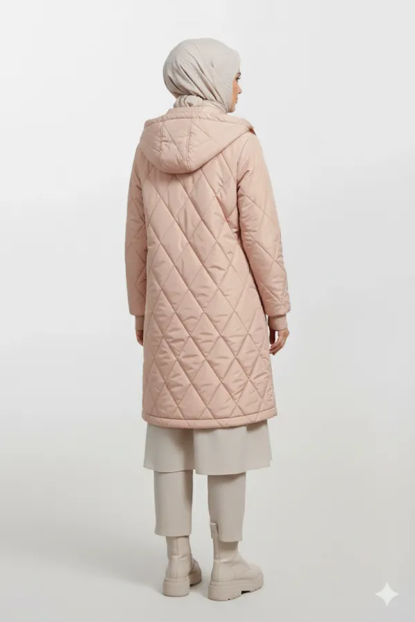 Women's Cream Long Quilted Lined Puffer Hijab Coat HZL25W-BD151381