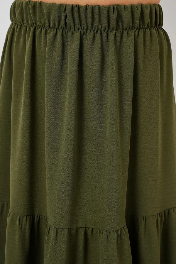 Kadın Haki Beli Lastikli Ayrobin Uzun Etek HZL25S-BD180481