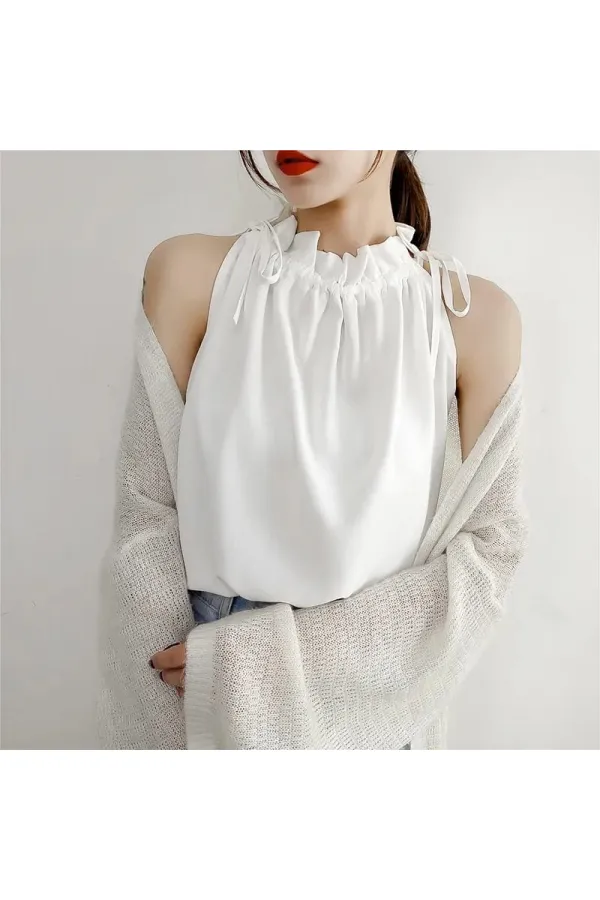 Kadın Beyaz Boynu Büzgü Detaylı Kolsuz Dokuma Şık Bluz  HZL22S-DSB110021