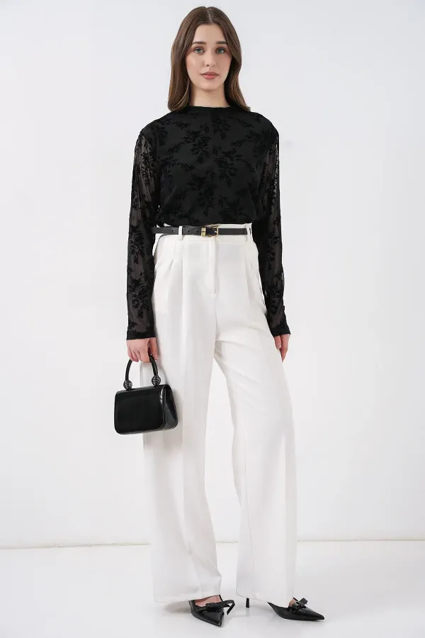 Chemisier à manches longues à motifs pour femme 983 - Noir