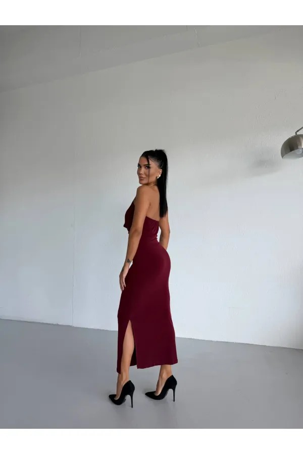 Kadın Bordo Boyundan Aksesuarlı Yandan Yırtmaçlı Midi Boy Sandy Elbise HZL26S-FRY123841