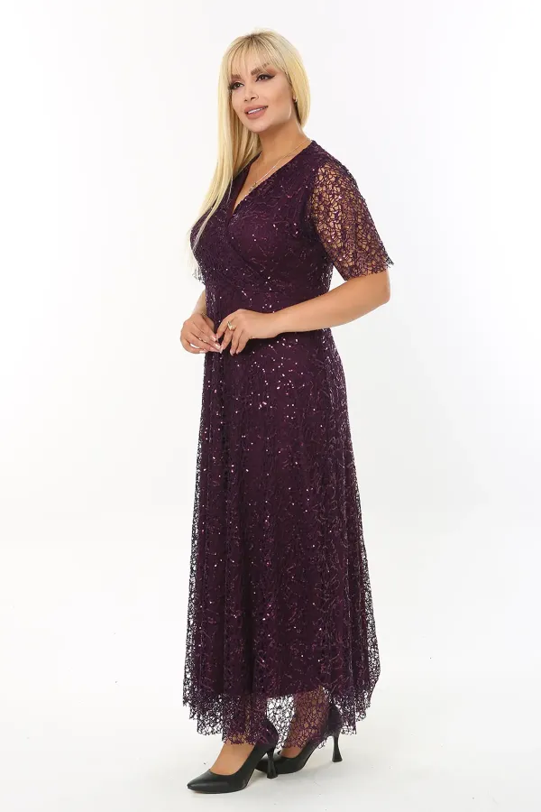 Kadın Mor Büyük Beden Kruvaze Yaka Payetli Abiye Elbise HZL26S-PR11171