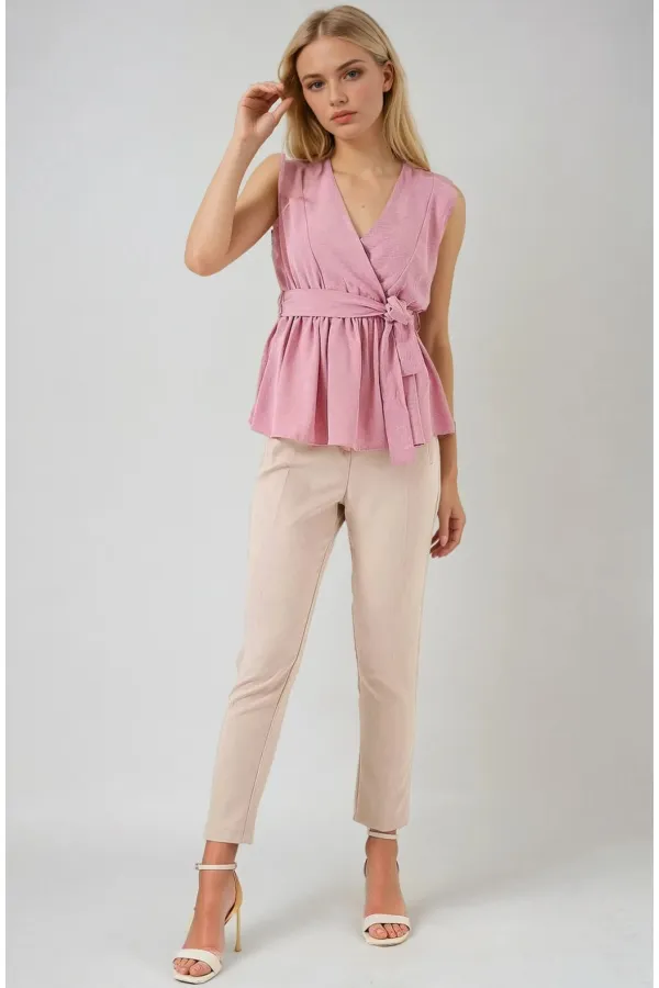 Kadın Pudra Kruvaze Yaka Beli Lastikli Kuşaklı Bluz HZL25S-BD19661