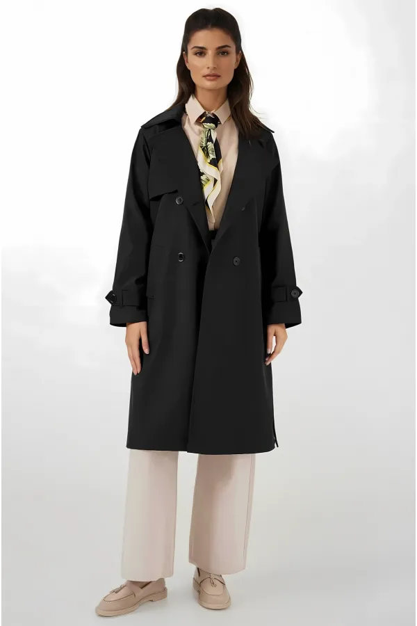 Kadın Siyah Kruvaze Yaka Kuşaklı Astarlı Trençkot HZL25W-BD159181