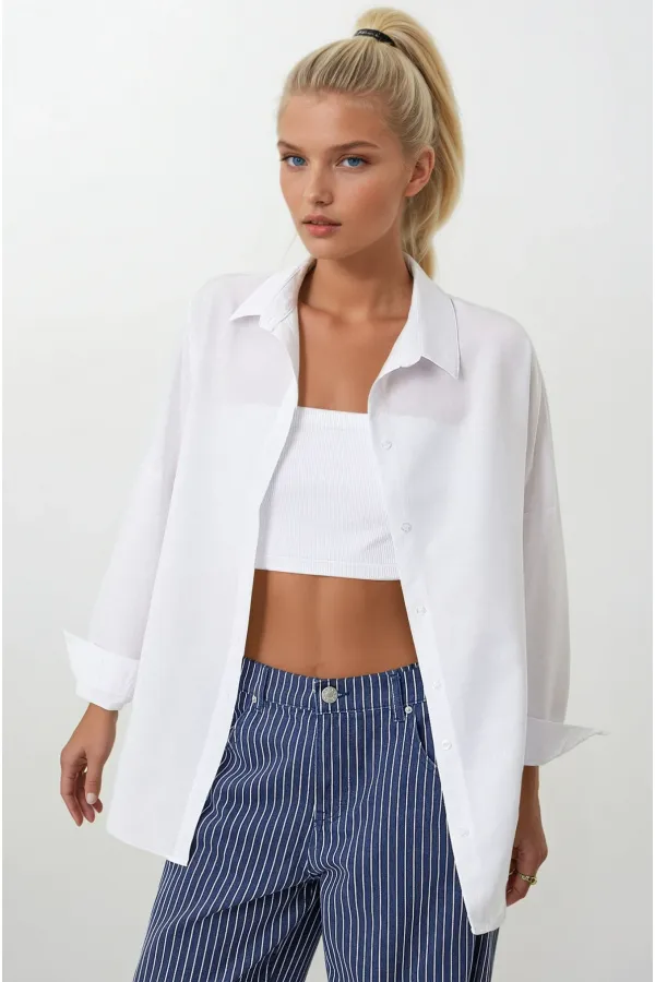 Chemise longue basique blanche oversize pour femme HZL22W-BD139001