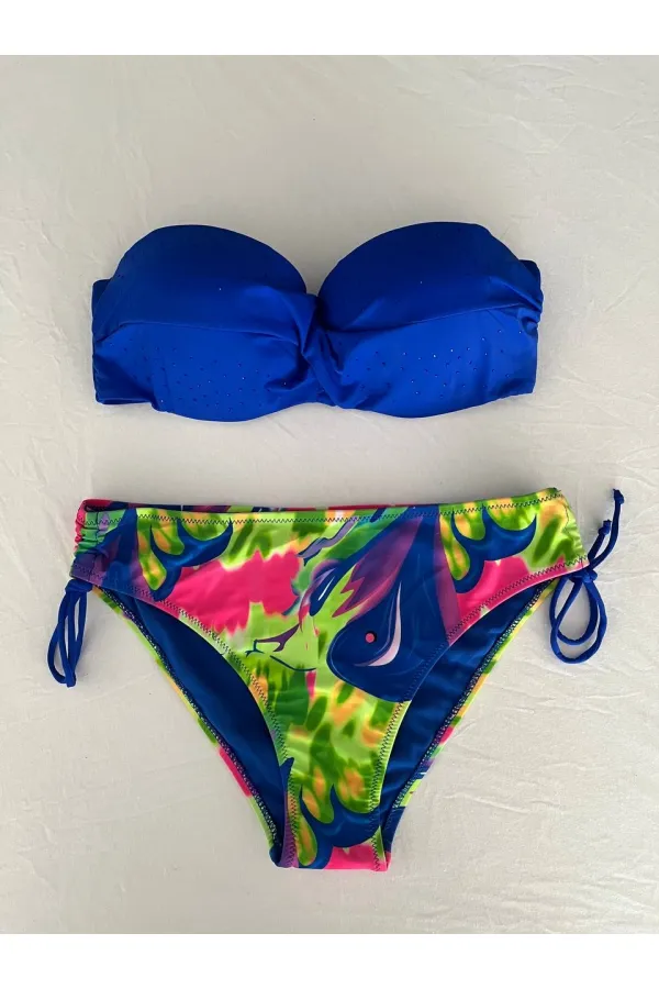 Kadın Saks Mavi Taş İşlemeli Astarlı Bikini Takım HZL25S-LC3334