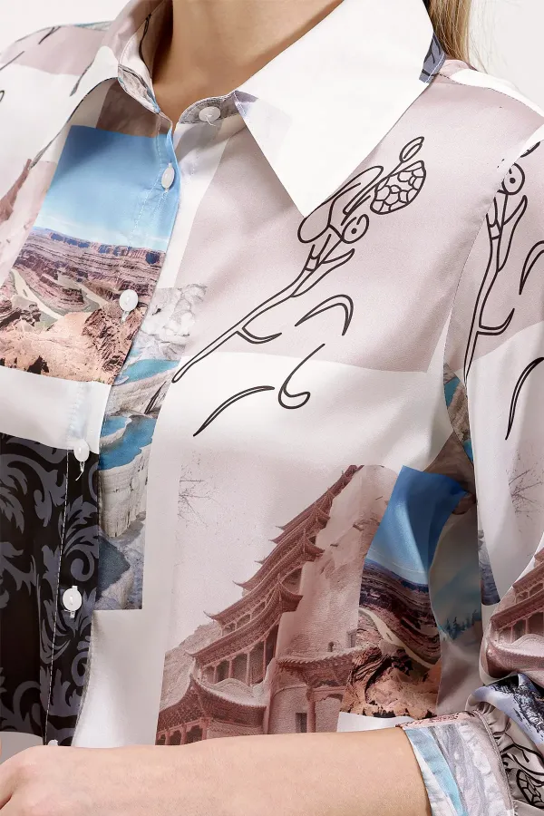 3964 Lightly Draped Satin Shirt - Light Beige