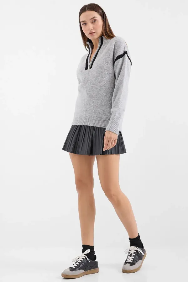 15888 Fermuarlı Oversize Kazak - Gri