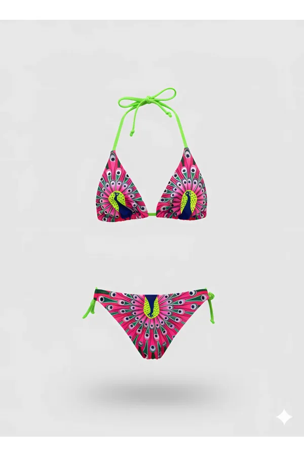 Ensemble bikini triangle rose à motif paon pour filles, 6-14 ans HZL24S-LC19017