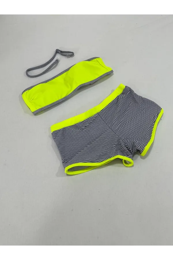 Ensemble bikini sans bretelles pour fille, short rayé jaune fluo et noir, 4-12 ans, HZL24S-LC9034