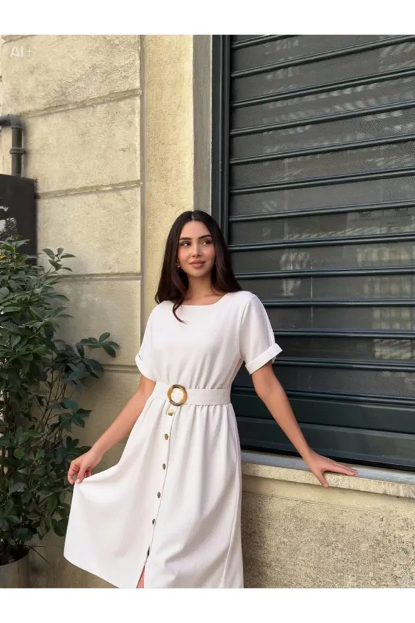 Kadın Krem Kemerli Düğmeli Yazlık Keten Viskon Elbise HZL23S-BD123891