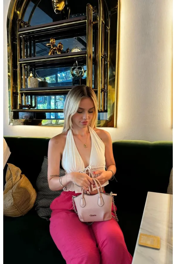 Kadın Beyaz Boyundan Bağlamalı Sırtı Açık Keten Bluz HZL24S-ZK11081