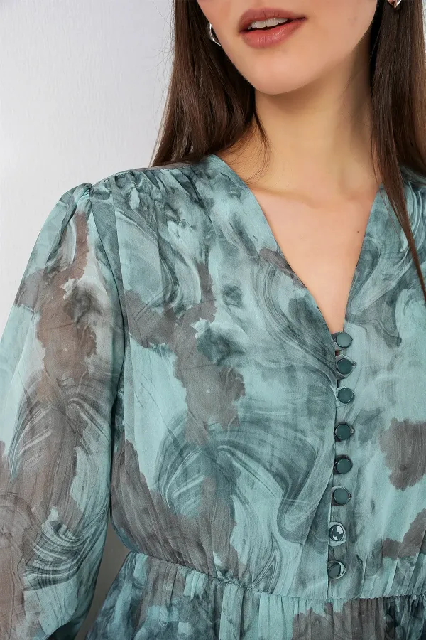 2137 Desenli Şifon Elbise - Mint Yeşili