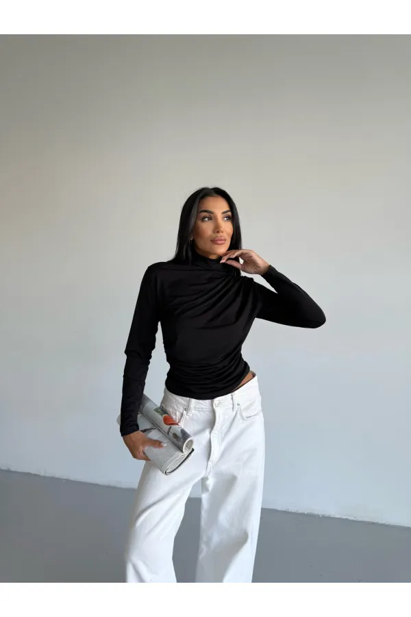 Kadın Siyah Uzun Kollu Drape Detaylı Boğazlı Sandy Bluz HZL25W-FRY123301