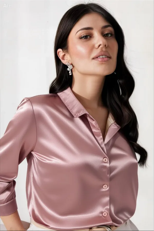 Kadın Gül Kurusu Hafif Dökümlü Saten Yüzeyli Gömlek HZL22W-BD139641