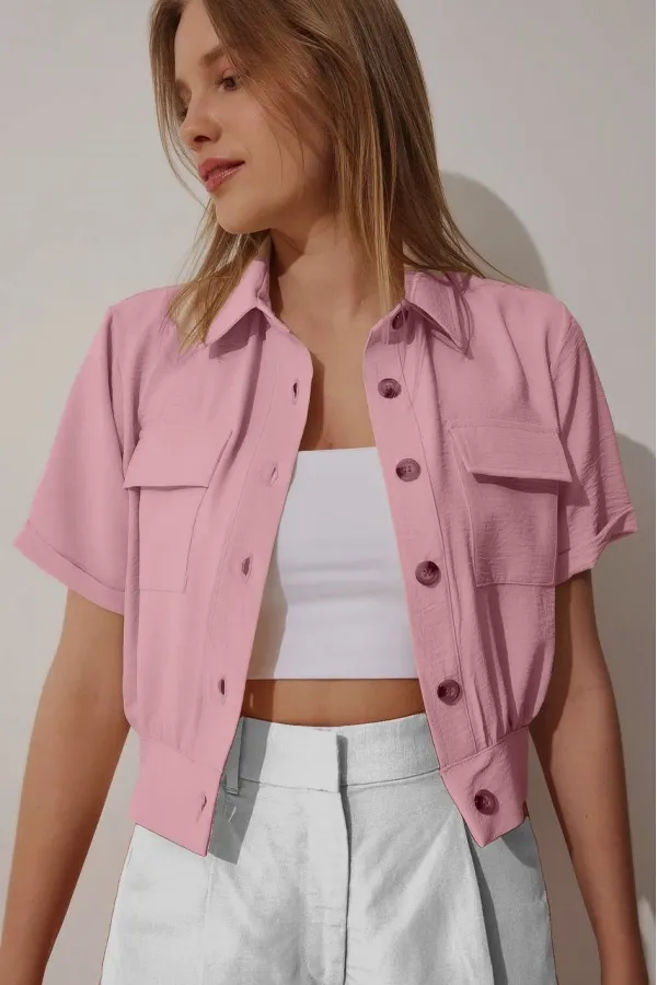 Women's Dusty Rose Pocket Buttoned Short Sleeve Summer Crop Shirt Jacket HZL22S-BD106631