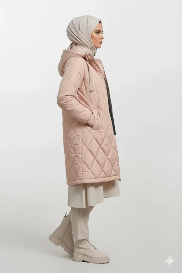 Women's Cream Long Quilted Lined Puffer Hijab Coat HZL25W-BD151381