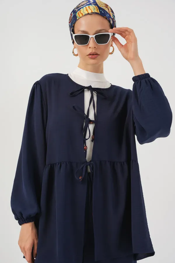 Ensemble deux pièces tunique et pantalon à lacets pour femme 6744 - Bleu marine