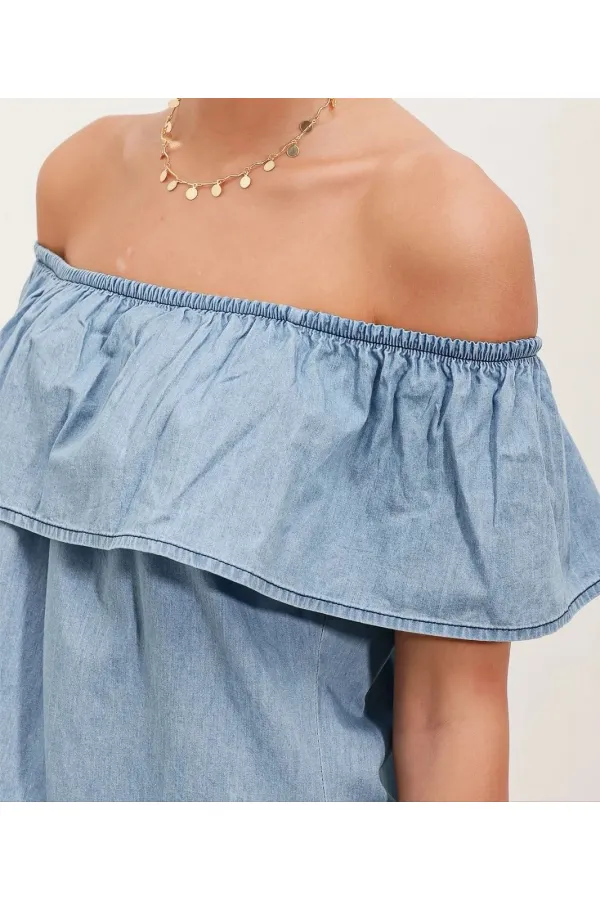 Kadın Açık Mavi Kolsuz Omzu Açık Carmen Yaka Jean Elbise HZL24S-BD114811