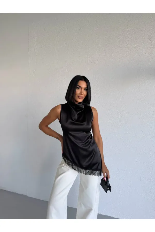 Women's Black Halter Neck Asymmetrical Cut Fringe Detail Satin Blouse HZL26S-FRY123911