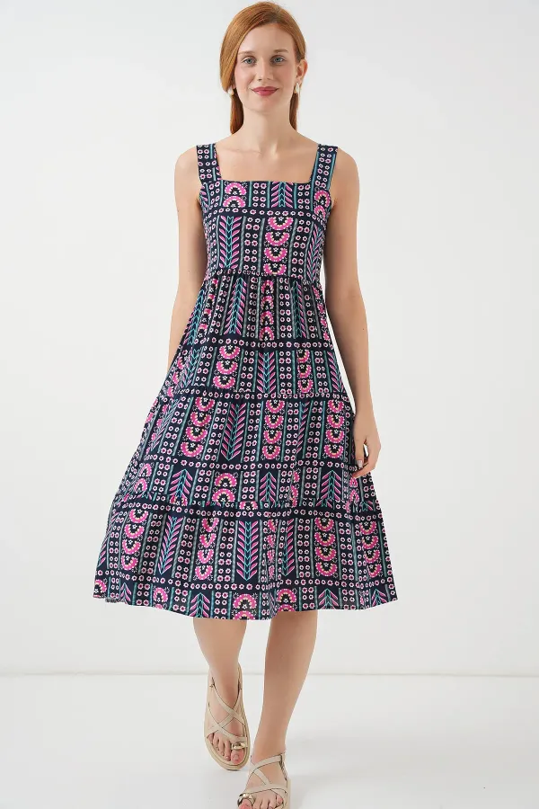 Robe midi à bretelles à motifs pour femme 2577 - Bleu marine