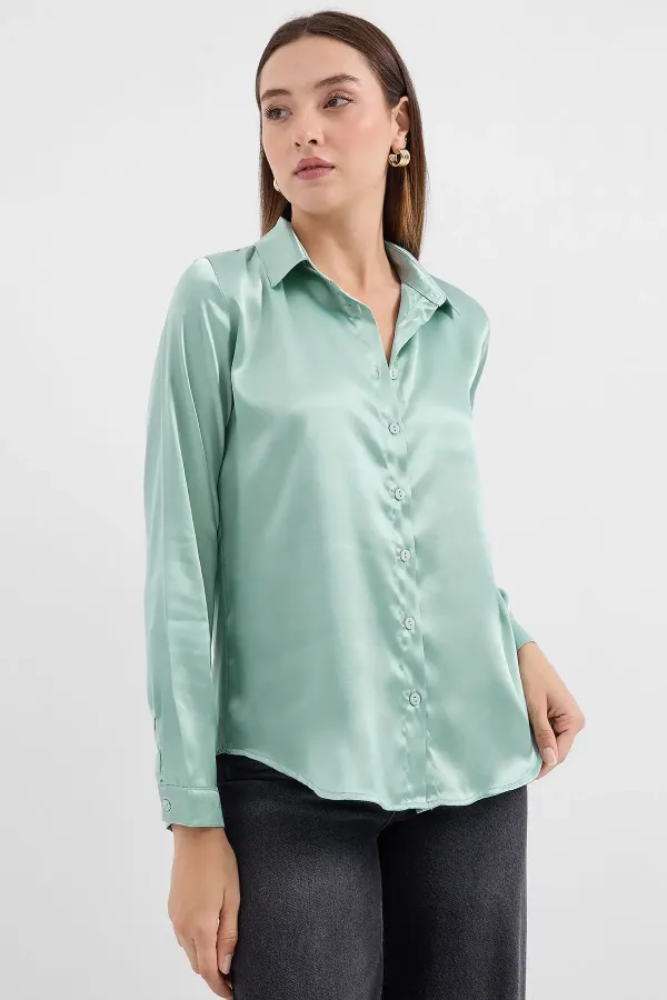 3964 Lightly Draped Satin Shirt - Light Green
