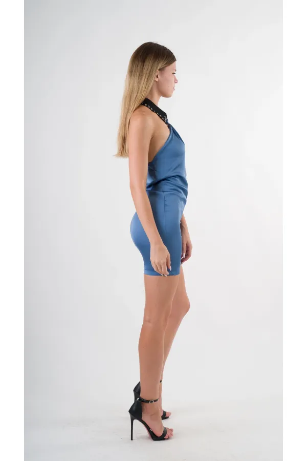 Kadın Mavi Halter Yaka Saten Kumaş Sırt Dekolteli Mini Elbise HZL24S-YY262