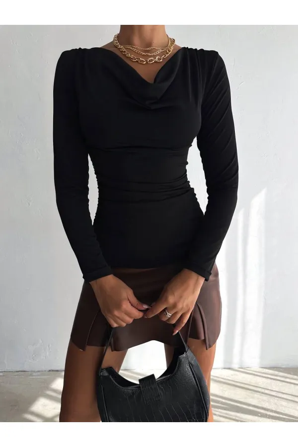 Kadın Siyah Degaje Yaka Yandan Büzgülü Uzun Kol Sandy Bluz HZL24W-FRY122481