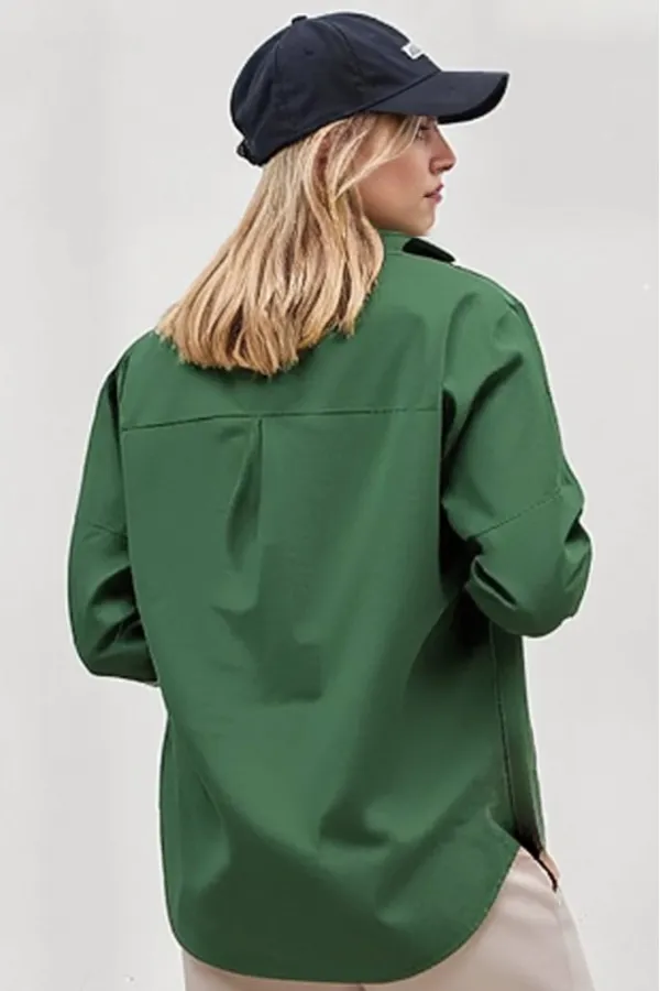 Kadın Zümrüt Yeşili Oversize Uzun Basic Gömlek HZL22W-BD139001