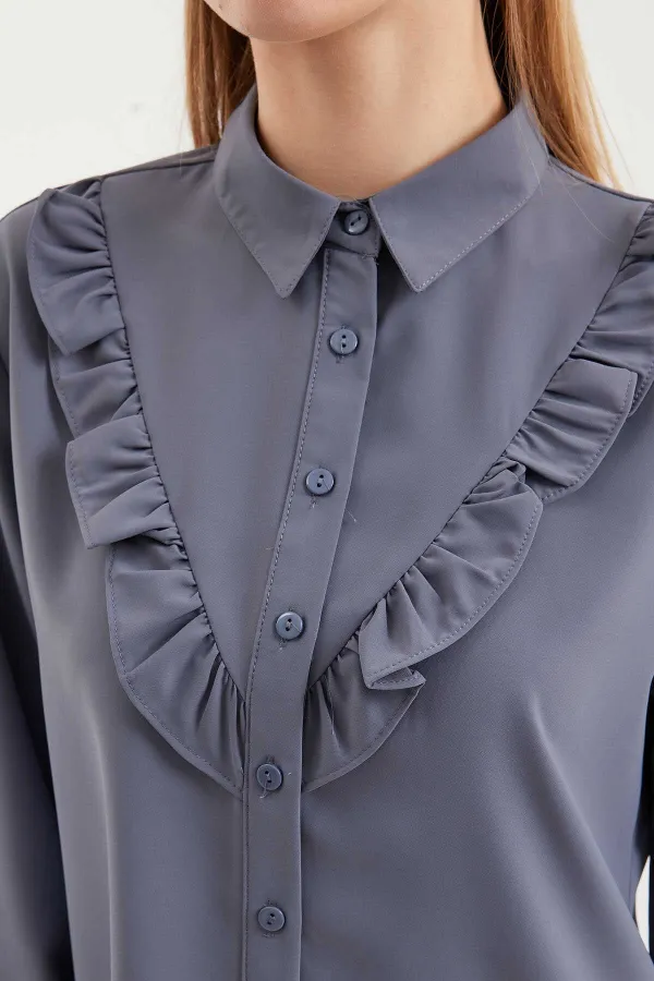 Kadın Gri Fırfır Detaylı Uzun Kollu Şık Gömlek HZL25W-BD1202231