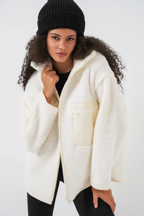 55446 Fermuarlı Oversize Peluş Mont - Bej