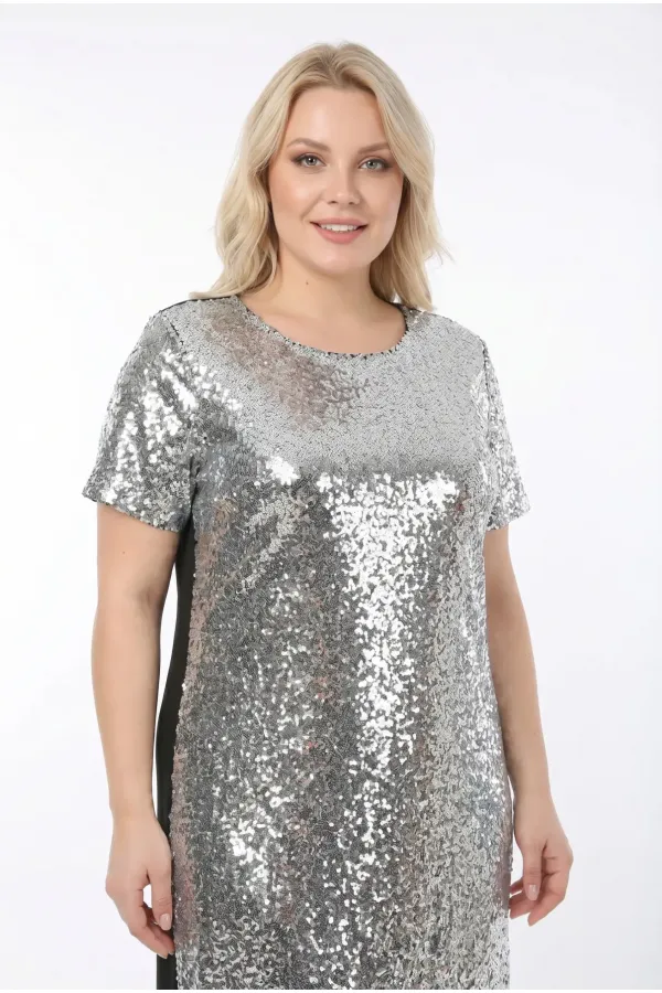 Kadın Gümüş Büyük Beden Payetli Uzun Abiye Elbise Şık Elbise HZL26S-PR11111