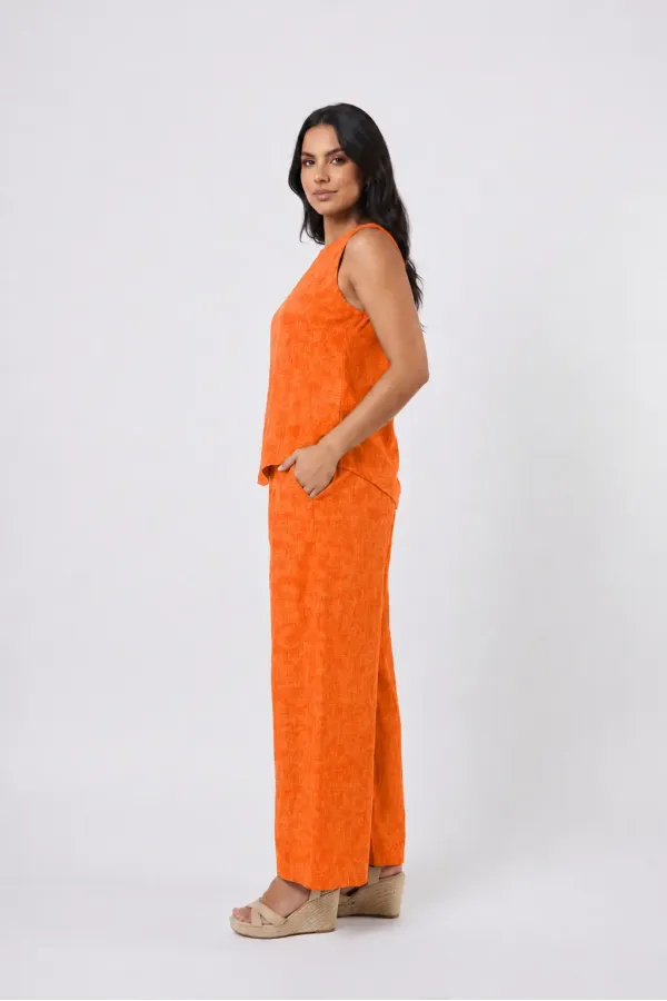 Women's Orange Linen Textured Relaxed Fit Top and Bottom Set HZL26S-VL15141 Women's Orange Linen Textured Relaxed Fit Top and Bottom Set HZL26S-VL15141