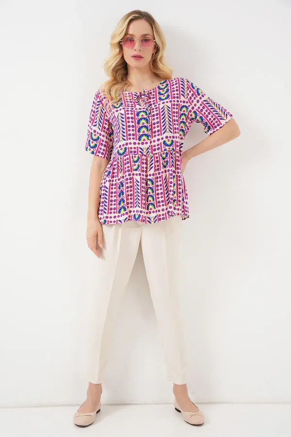 Women's Patterned Short-Sleeve Blouse 969 - Fuchsia