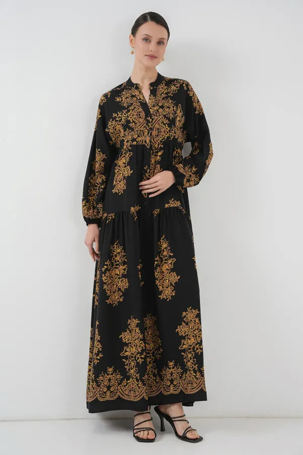 Black Gold Patterned Hijab Dress 2423