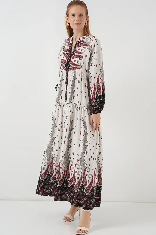 Kadın Desenli Uzun Tesettür Elbise 2585 - A.Kırmızı
