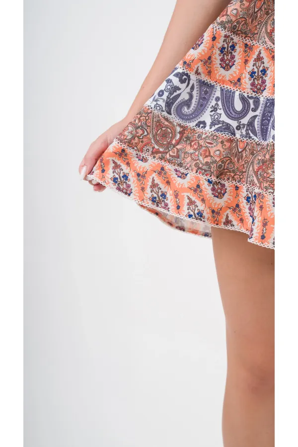 Kadın Lacivert Orange Etnik Desenli Bisiklet Yaka Astarsız Elbise HZL24S-YY238