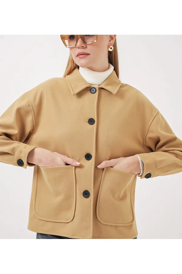 Kadın Camel Düğmeli Cepli Kısa Kaşe Ceket HZL25W-BD107131